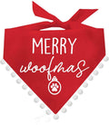 Merry Woofmas Dog Bandana | Pom Poms | 100% Cotton Adjustable Triangle | Made in USA | Christmas | Holiday Season | Winter Wonderland | Gift |Red, Trim 3, One Size (927)