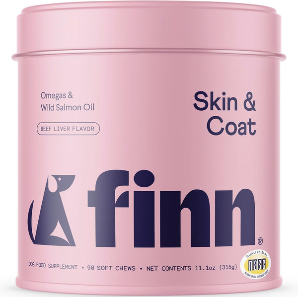 Finn Skin & Coat Salmon Oil Chews for Dogs | Omega-3 EPA & DHA | 90 Ct | Biotin, Zinc & B-Vitamins | Wild Alaskan Sourced | NASC Certified | Vet-Formulated | Healthy Skin & Coat