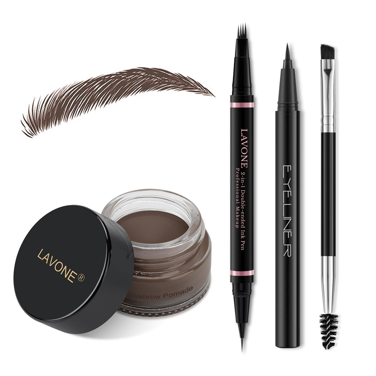 LAVONE Eyebrow Pen Makeup Kit, with Waterproof Eyebrow Pencil, Eyeliner, Pomade, and Brow Brush, Smudge-Proof and Long Lasting, Create Full and Natural Brows, Dark Brown