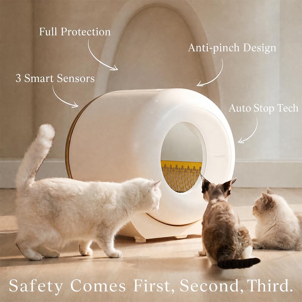 FurryTail Self Cleaning Litter Box with APP - Automatic Cat Litter Box for All Your Cats, Odor Control, Spacious Interior and Large Wastes Bin Capacity,Includes 40 Litter Bags