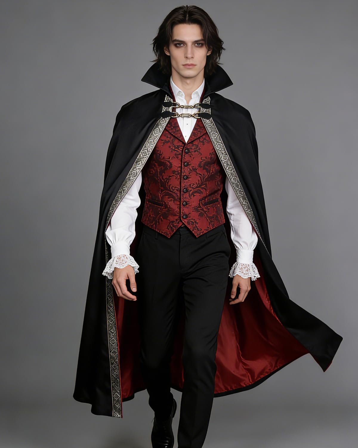 L'VOW Gothic Vampire Cape with Stand-Up Collar Medieval Red Lined Cloak