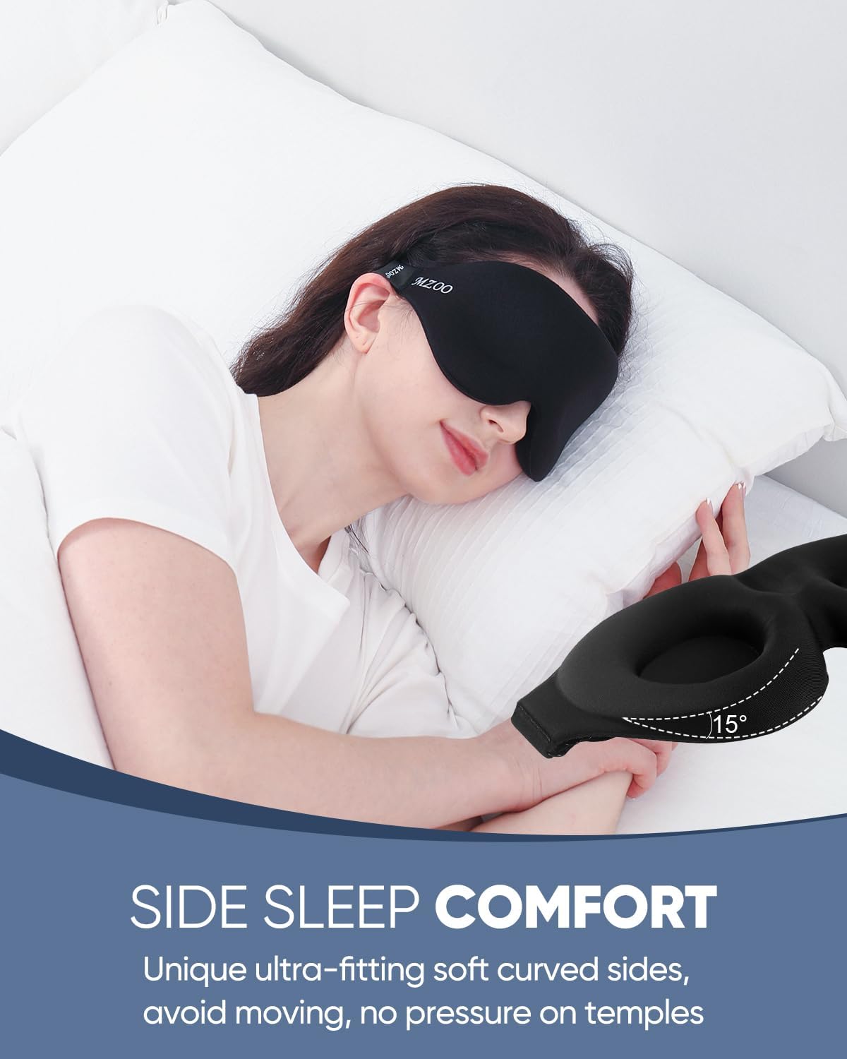 MZOO Luxury Sleep Mask for Women Men Patented Light Blocking Design | Zero Eye Pressure, 3D Contoured Sleeping Mask for Side Sleeper, Breathable, Adjustable, for Travel, Black