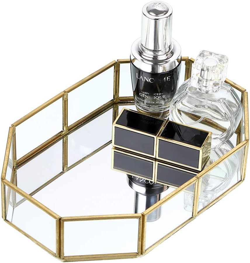 Hipiwe Mirror Glass Vanity Tray - Gold Ornate Makeup Organizer Perfume Tray