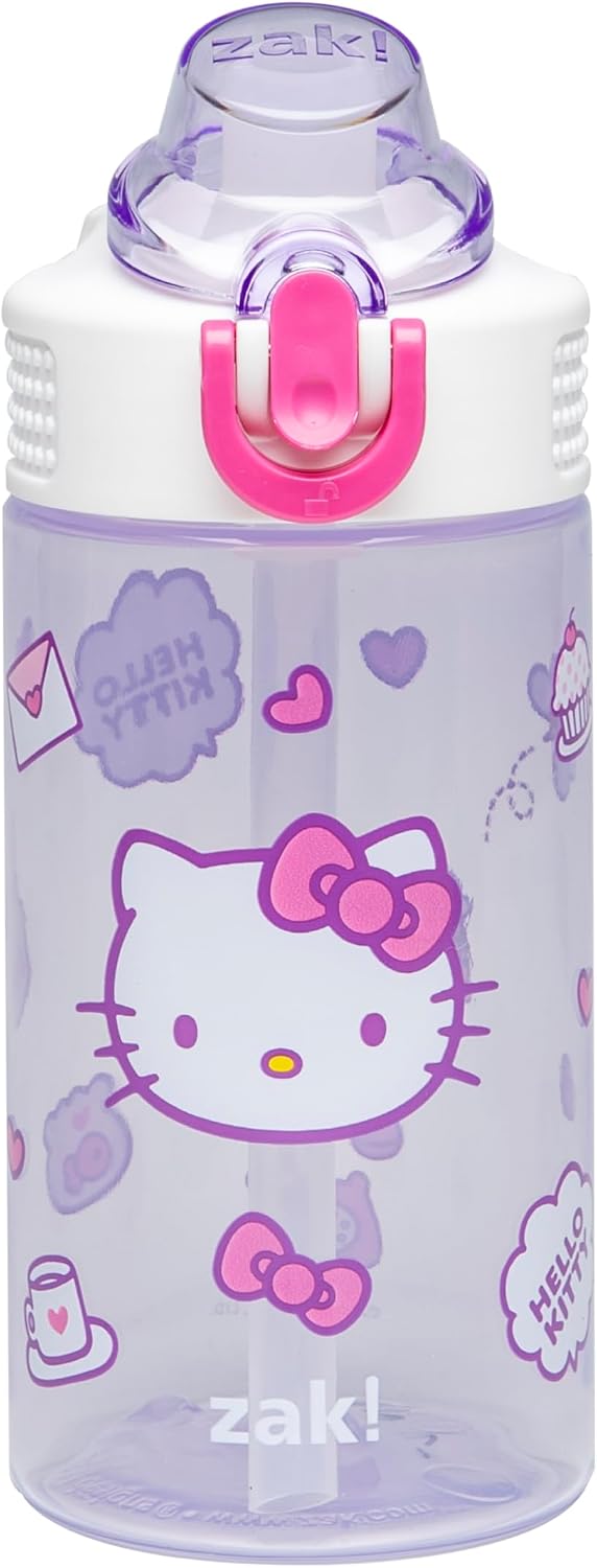 Zak Designs Sanrio Hello Kitty Sage 16oz Leak-Proof Straw Kids Water Bottle | BPA Free, Durable Plastic, Cupholder Friendly, Dishwasher Safe, Easy to Clean, Lid Lock, Handle, For School, Home, Travel