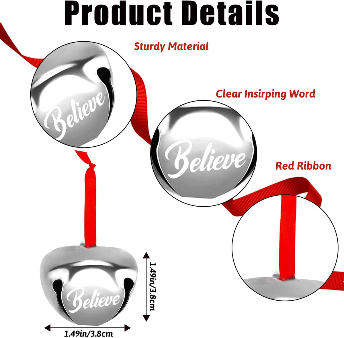 FOIMAS 12pcs 1.6 Inch Believe Bell Ornament Metal Christmas Sleigh Bells with Red Ribbon for Christmas Tree Holiday Decoration,Silver