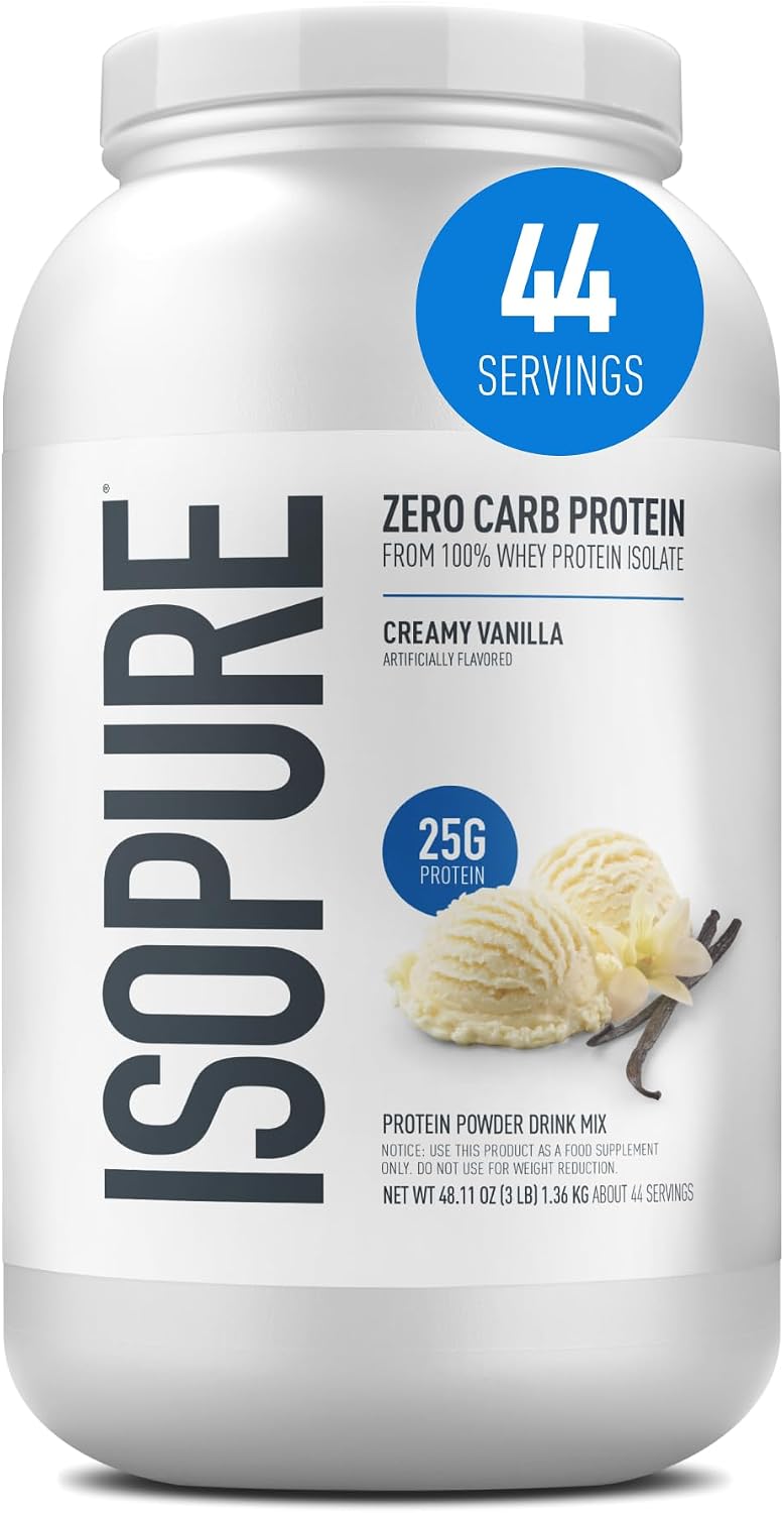 Isopure Zero Carb 100% Pure Whey Isolate Protein Powder, Gluten Free, with Vitamins, Creamy Vanilla, 25g Protein Per Serving, 3 Lbs, 44 Servings (Packaging May Vary)