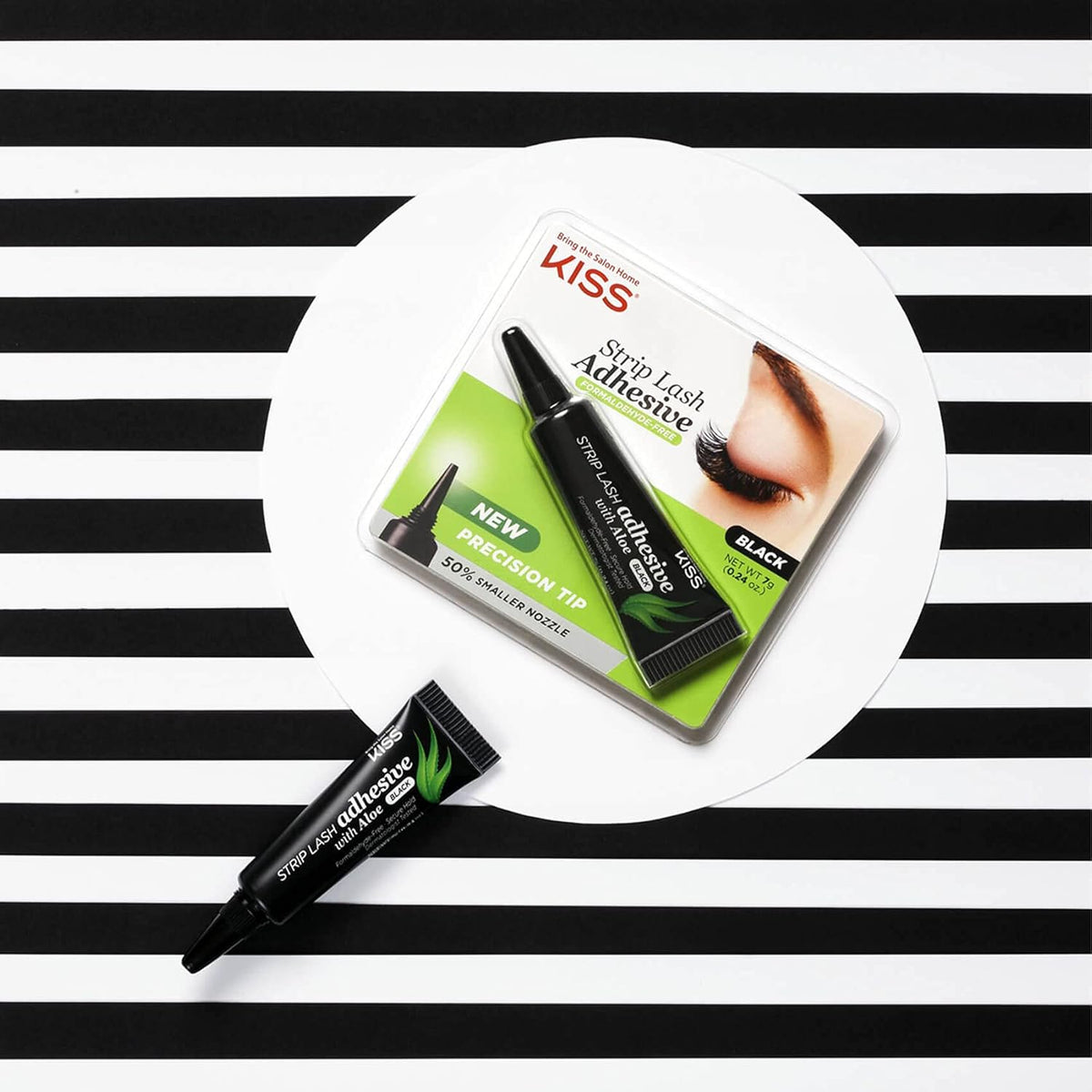 Kiss Black Strip Lash Adhesive with Aloe, Dermatologist Tested, Formaldehyde Free, Non-Irritant, Contact Lens Friendly, Secure Hold, Contains Latex, with Control Nozzle Tip, 0.24 Ounce