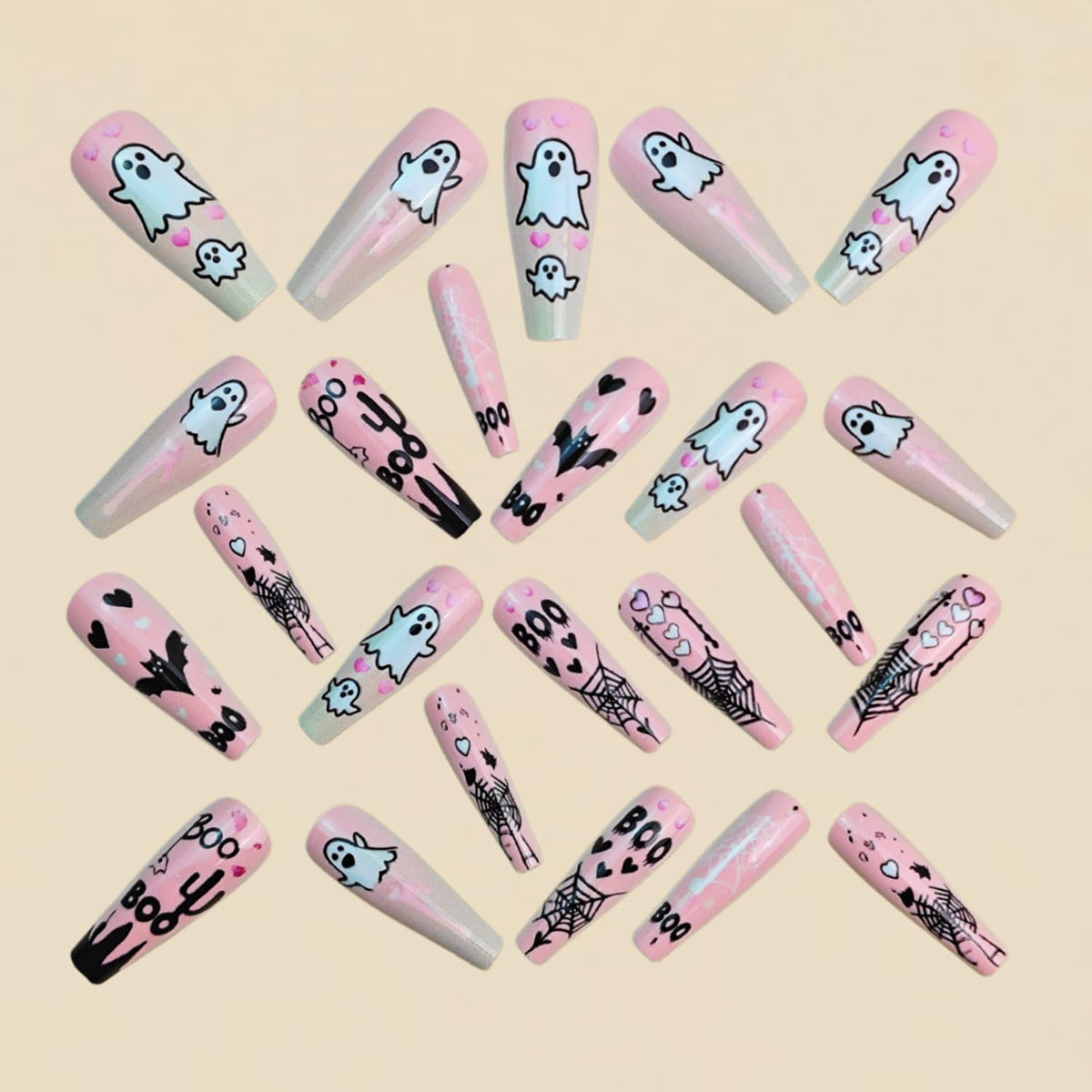 Pink Halloween Press on Nails Long Coffin Fake Nails Cute Ghost Bat Spider Web Design Glossy Acrylic Nails Reusable Stick on Nails Full Cover Artificial Nails Halloween Costume Party Daily Nail Decor