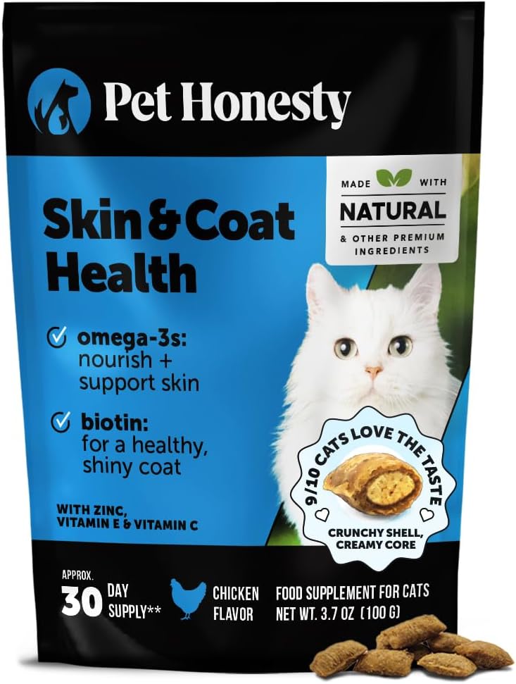 Cat Skin & Coat Supplement Crunchy Creamy Chews - Salmon Oil for Cats Omega 3 Itchy Dry Skin Relief - Feline Shedding Control - Biotin Vitamins for Indoor Cats Shiny Soft Coat (30-Day Supply)