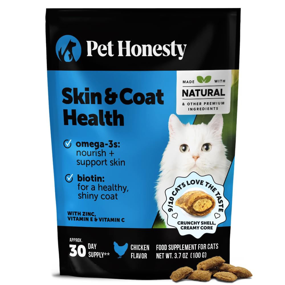 Cat Skin & Coat Supplement Crunchy Creamy Chews - Salmon Oil for Cats Omega 3 Itchy Dry Skin Relief - Feline Shedding Control - Biotin Vitamins for Indoor Cats Shiny Soft Coat (90-Day Supply)