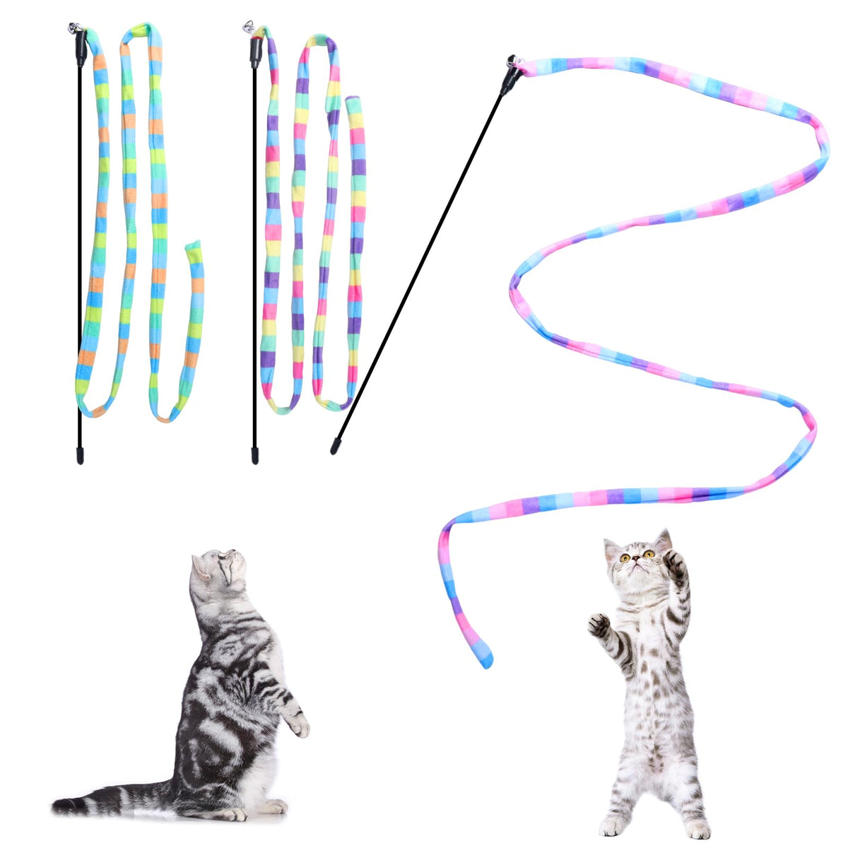 Cat Wand Toys Interactive Kitten Toys for Indoor Cats Colorful Teaser Wand String for Exercise Kitten Stick Kitty Rope Toy Rainbow Ribbon Cat Charmer -2Pcs