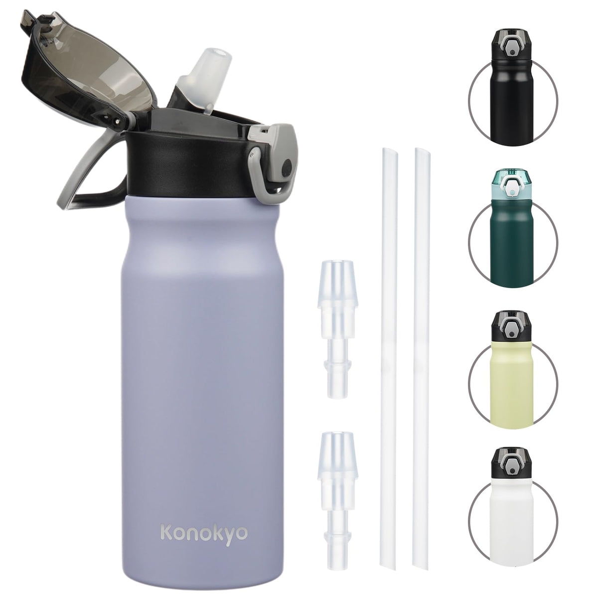 Konokyo 18 oz Insulated Water Bottle with Straw Lid, Stainless Steel Vacuum Sports Water Bottle, Leak-Proof Reusable Metal Flask with Carry Loop, BPA-Free Travel Bottle for Gym, School, Office