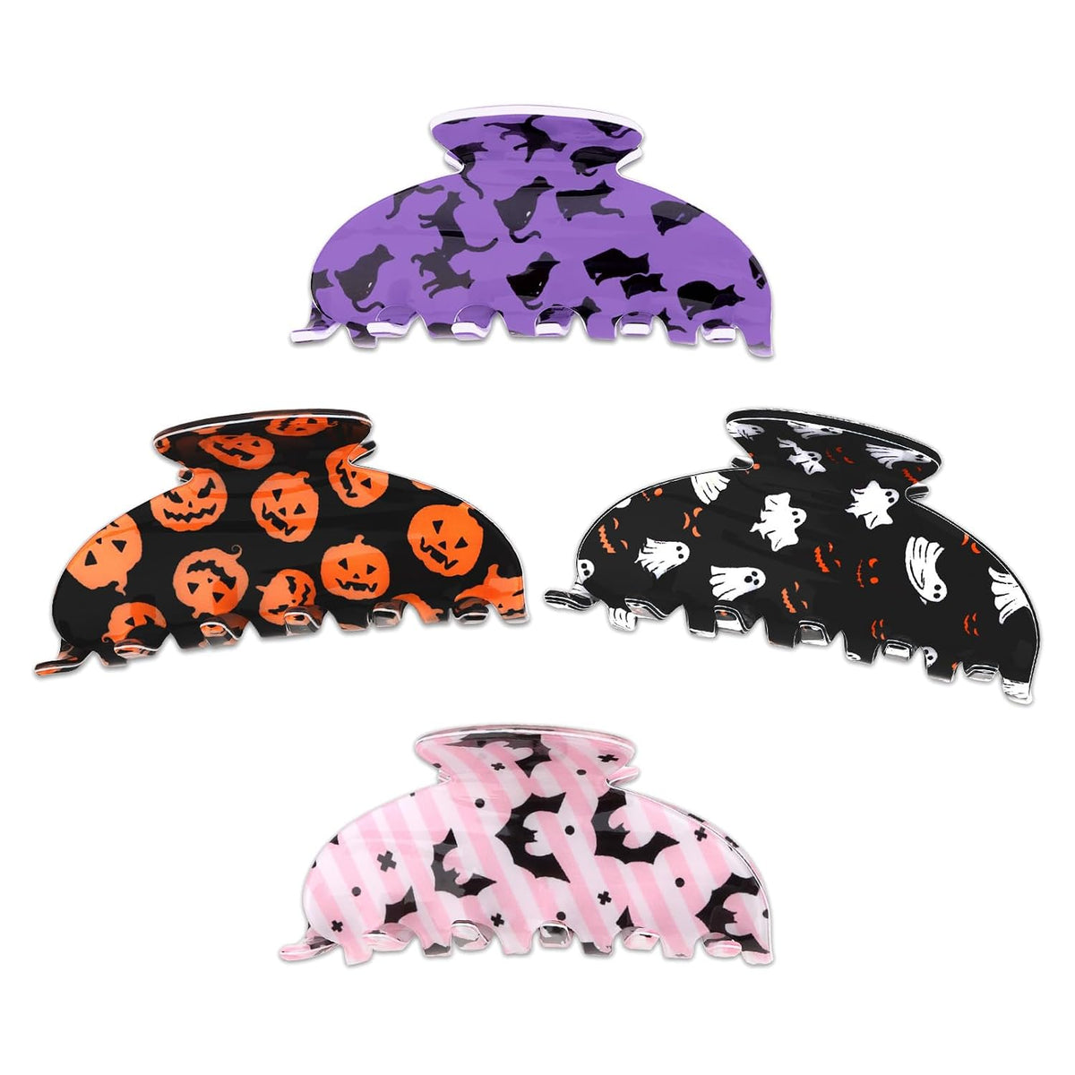 CAVETEE 4 Pack Halloween Hair Claw Clips for Women, Bat Ghost Cat Pumpkin Printed Acrylic Hair Clips for Holiday Party