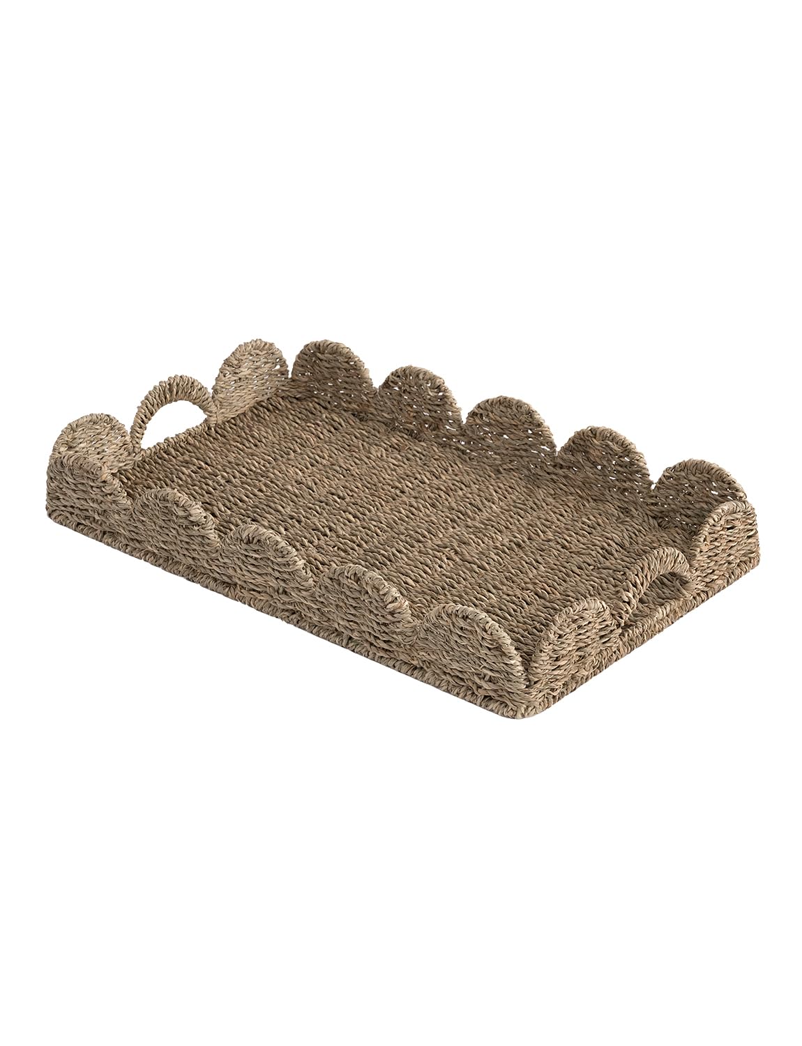 StorageWorks Rectangular Wicker Scalloped Tray, Rattan Scalloped Basket | Shallow Serving Trays with Handles for Coffee Table, Living Room, Seagrass Trays for Decorative & Organizing
