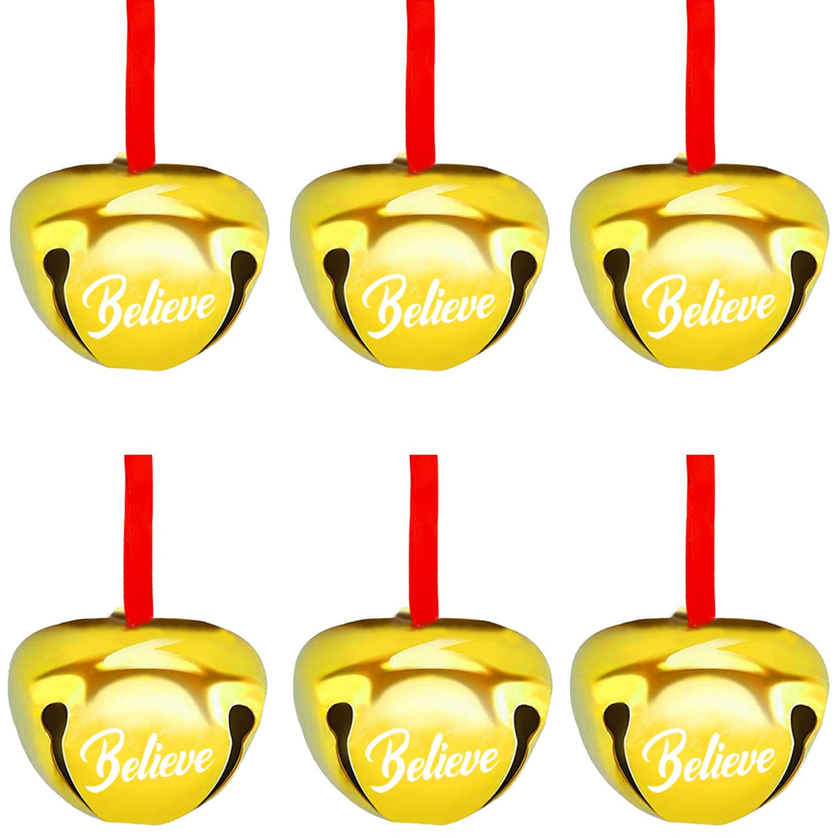 FOIMAS 12pcs 1.6 Inch Believe Bell Ornament Metal Christmas Sleigh Bells with Red Ribbon for Christmas Tree Holiday Decoration,Silver