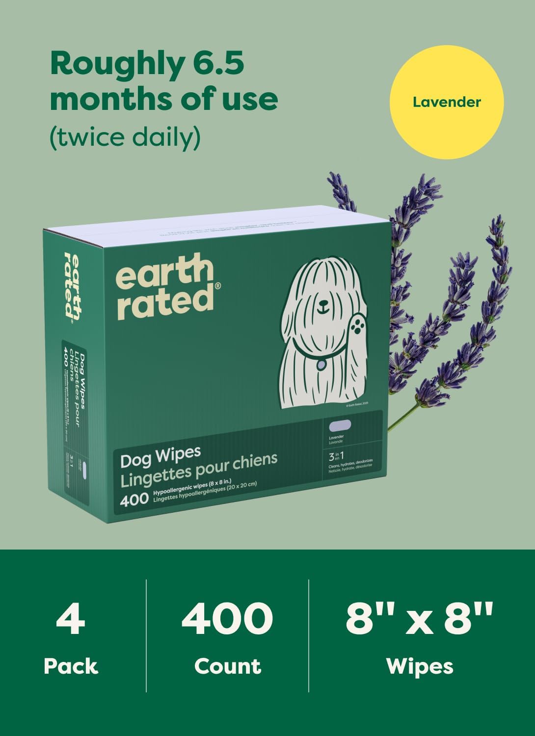 earth rated Dog Wipes, Hypoallergenic, Cleaning and Hydrating, for Grooming Paws, Body and Butt, Lavender Scented, 400 Count