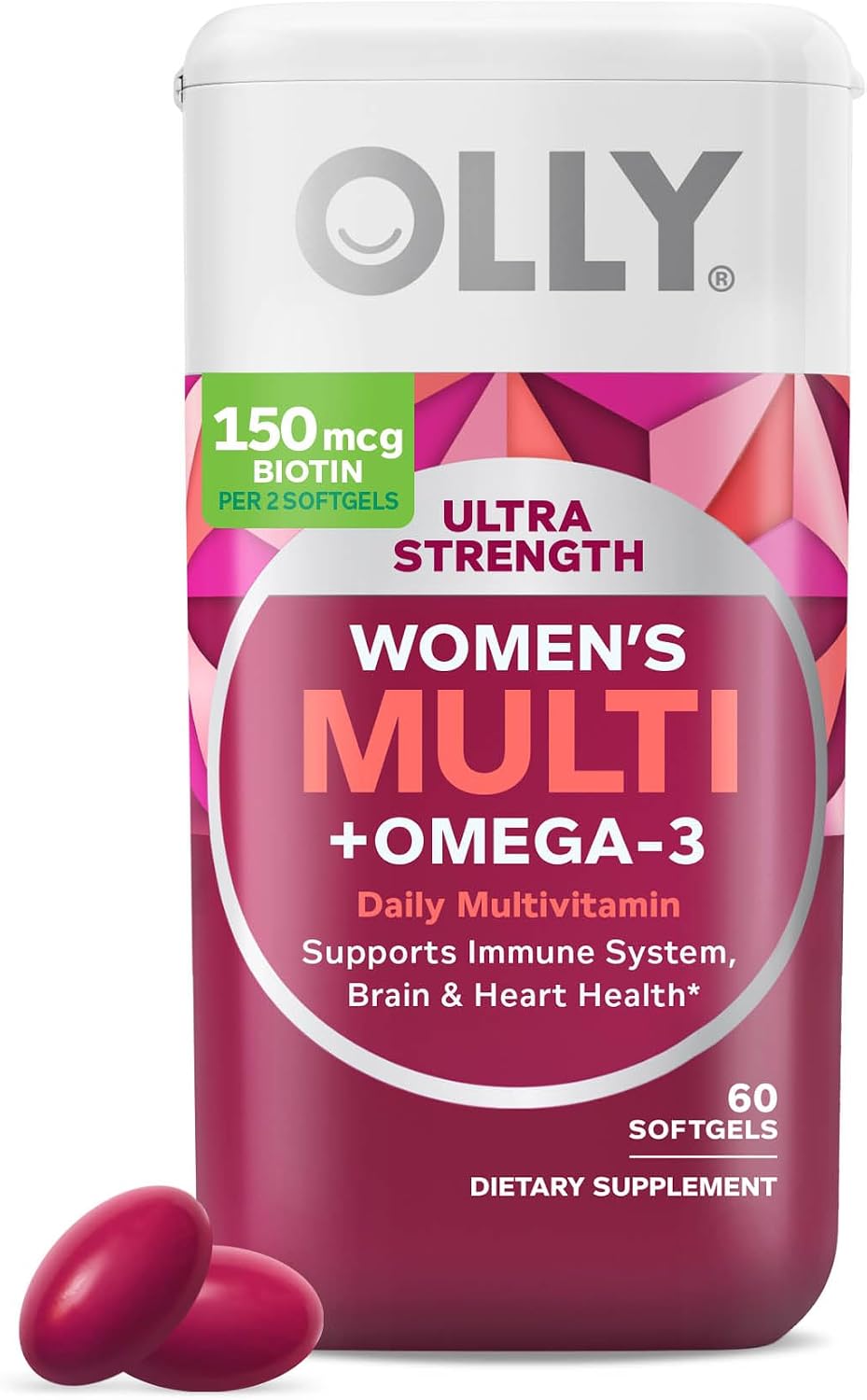 OLLY Ultra Strength Women's Multi Softgels, Overall Health and Immune Support, Omega-3s, Iron, Vitamins A, D, C, E, B12, Daily Multivitamin, 30 Day Supply - 60 Count