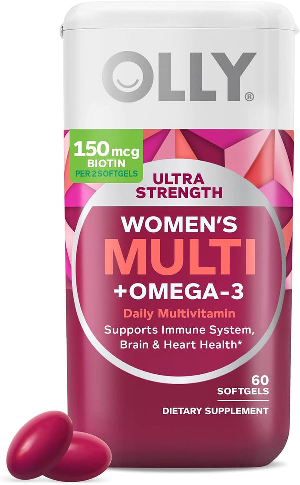 OLLY Ultra Strength Women's Multi Softgels, Overall Health and Immune Support, Omega-3s, Iron, Vitamins A, D, C, E, B12, Daily Multivitamin, 30 Day Supply - 60 Count