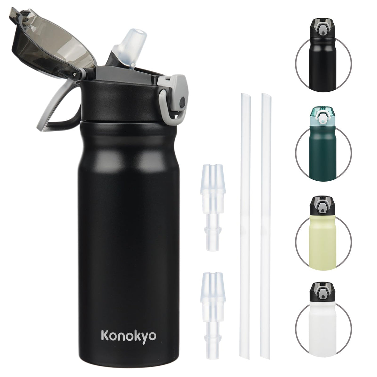 Konokyo 18 oz Insulated Water Bottle with Straw Lid, Stainless Steel Vacuum Sports Water Bottle, Leak-Proof Reusable Metal Flask with Carry Loop, BPA-Free Travel Bottle for Gym, School, Office