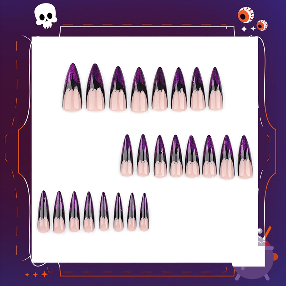 Halloween Long Stiletto Press on Nails Glossy Purple Glitter Acrylic False Nails 24Pcs Sparkly Fake Nail Black Bats Gel Glue on Nail French Tips Stick on Fingernails for Coquette Women Girls