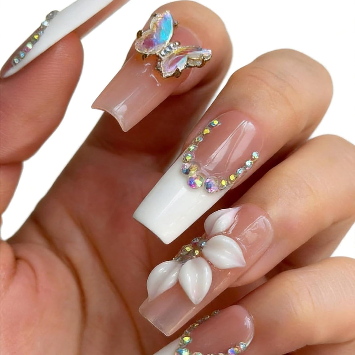 Luxury Handmade Press on Nails - Long Square White French Tips Press on Nail with Almond 3D Rhinestones, Flowers & Butterflies, Acrylic Multi-Layer Gel False Nails for Women (10Pcs Size M)
