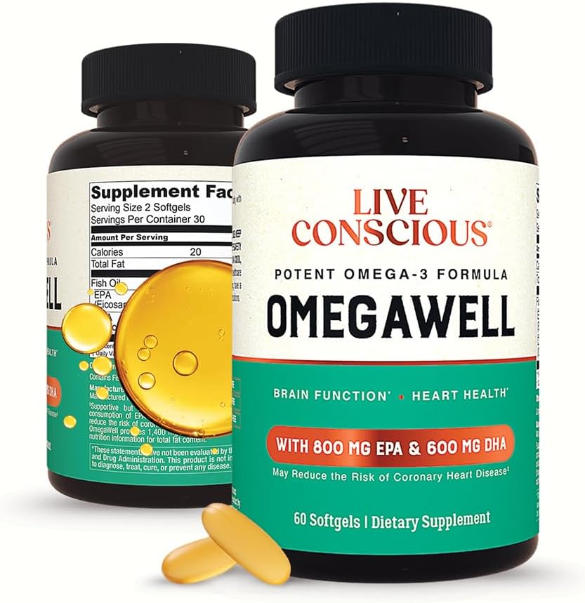 Live Conscious OmegaWell Omega 3 Fish Oil - 2000mg Capsules: Heart, Brain, & Joint Support - 800 mg EPA 600 mg DHA - Sustainably Sourced - Softgels - 30 Day Supply