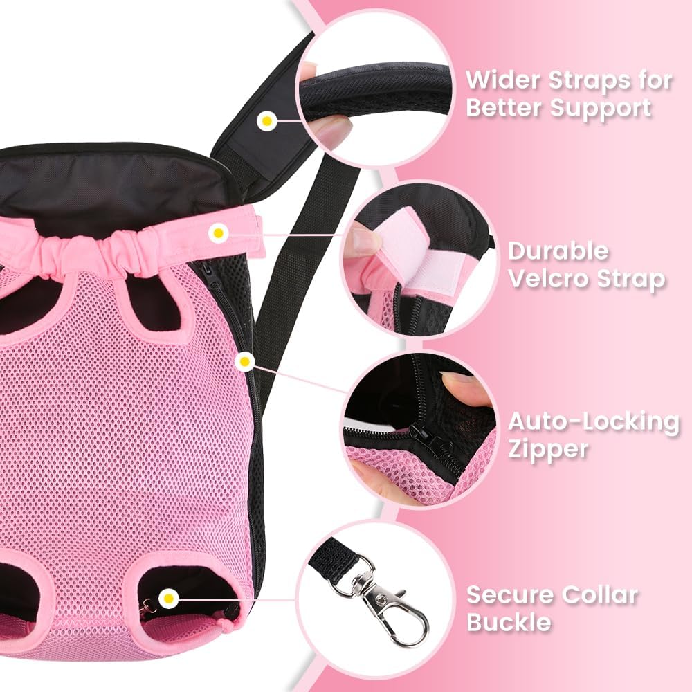 Inspack Dog Backpack Carrier/Cat Carrier, Adjustable Pet Front Carriers Travel Bag for Puppy Medium Dogs, Legs Out, Soft Ventilated Doggie Chest Carry Backpacks for Hiking/Camping, 2.5-4 lbs, Pink