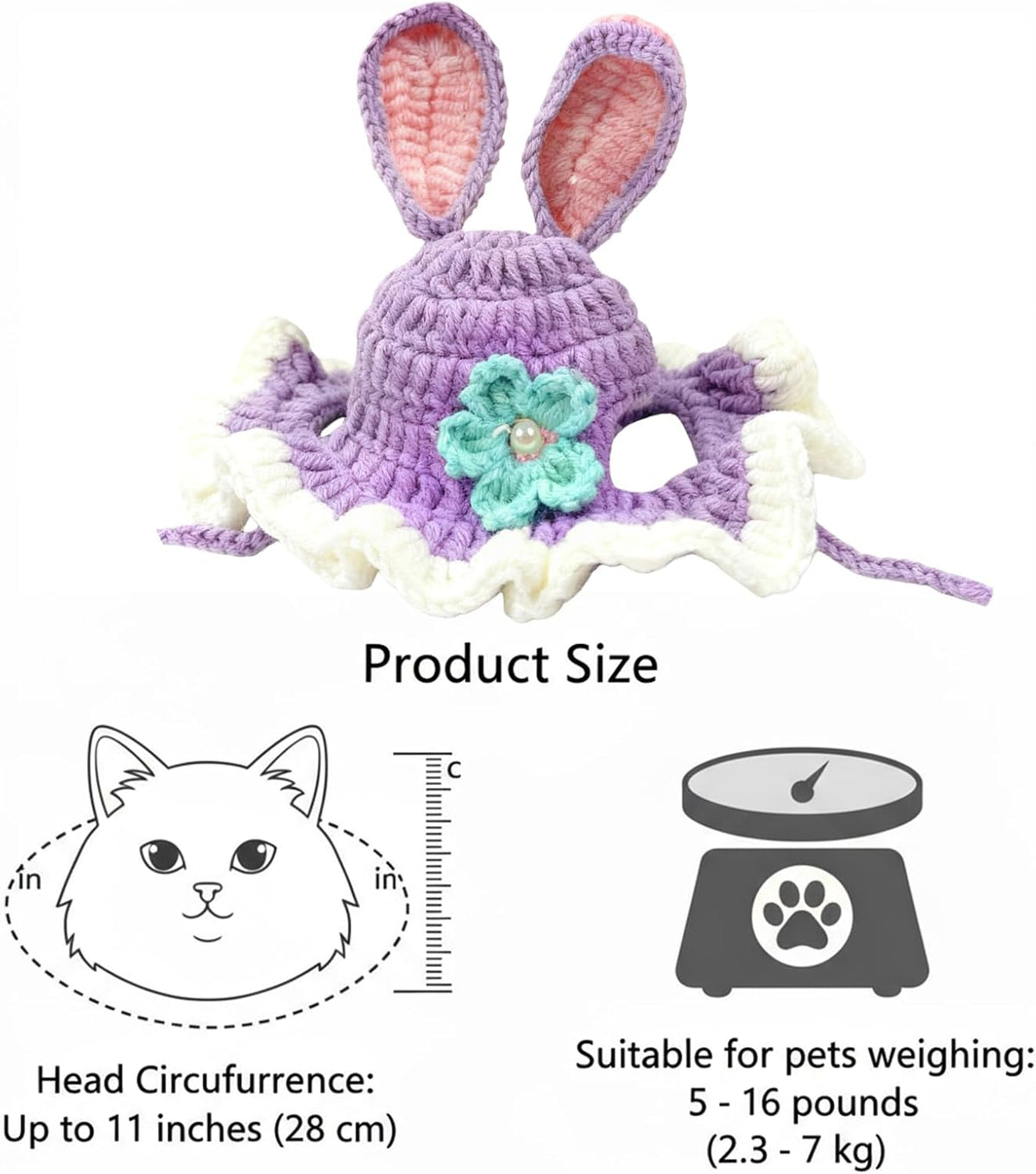 Cute Cat Hats Costume Suitable for 5 to16 lbs - Rabbit Kitten Hat Head Circumference 11" or Less Cat Hats for Cats only Pet Photography Outfits