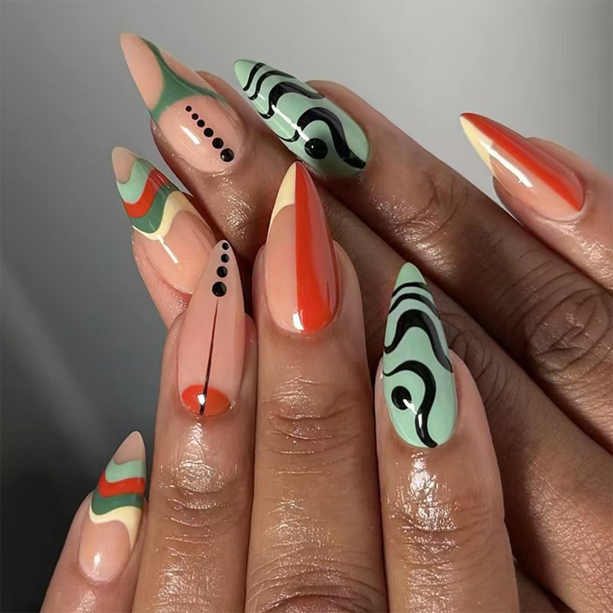 Halloween Press on Nails Almond Medium Fake Nails Black White Gradient Glue on Nail Goth False Nails with Bat Spider Web Designs Glossy Reusable Stick on Nail for Women Girls 24Pcs