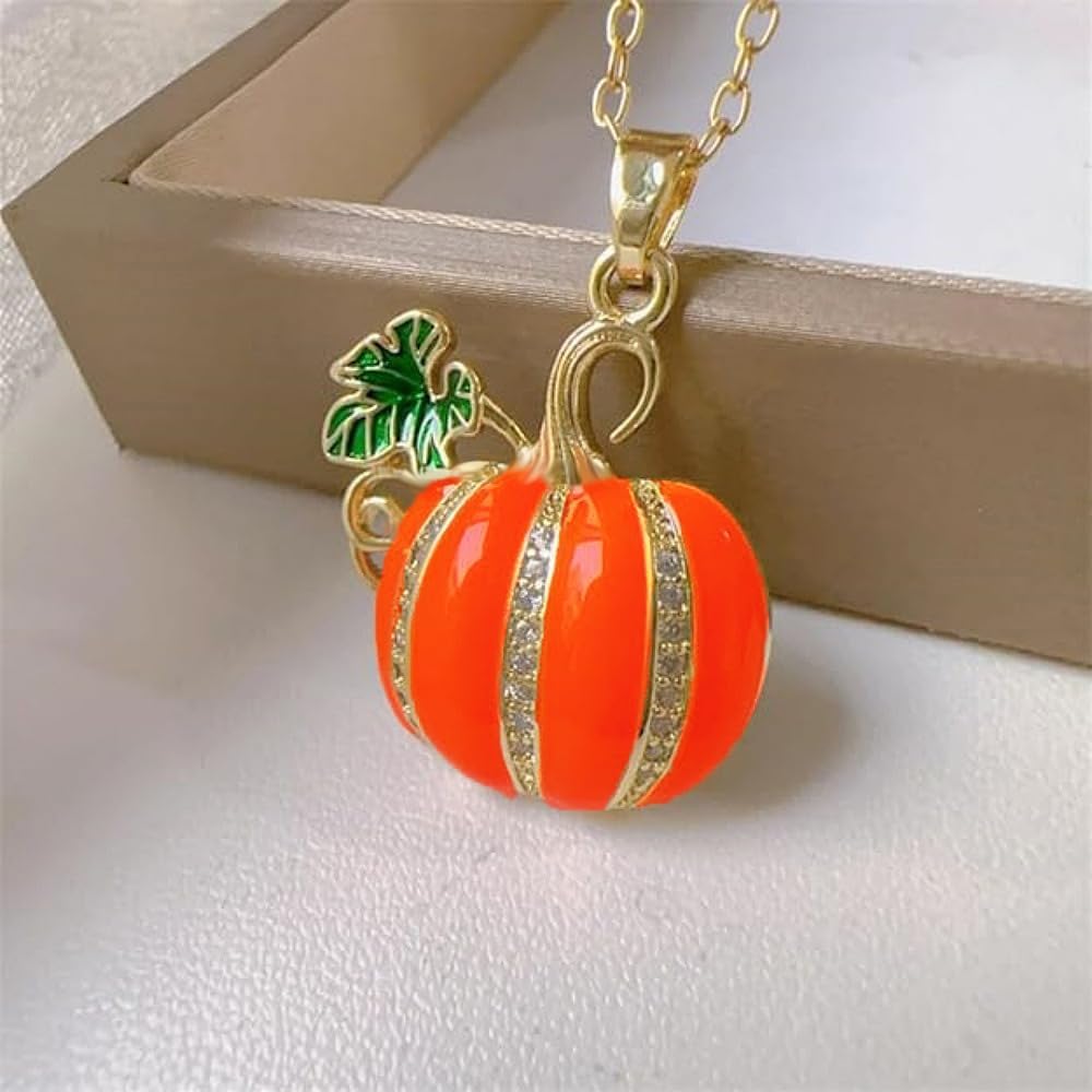 Dtja Rhinestone Pumpkin Pendant Necklace for Women Gold-Tone Fashion Enamel Halloween Thanksgiving Green Leaf Charms Link Chain Adjustable Cute Fall Holiday Festival Jewelry Gift Souvenir 18"