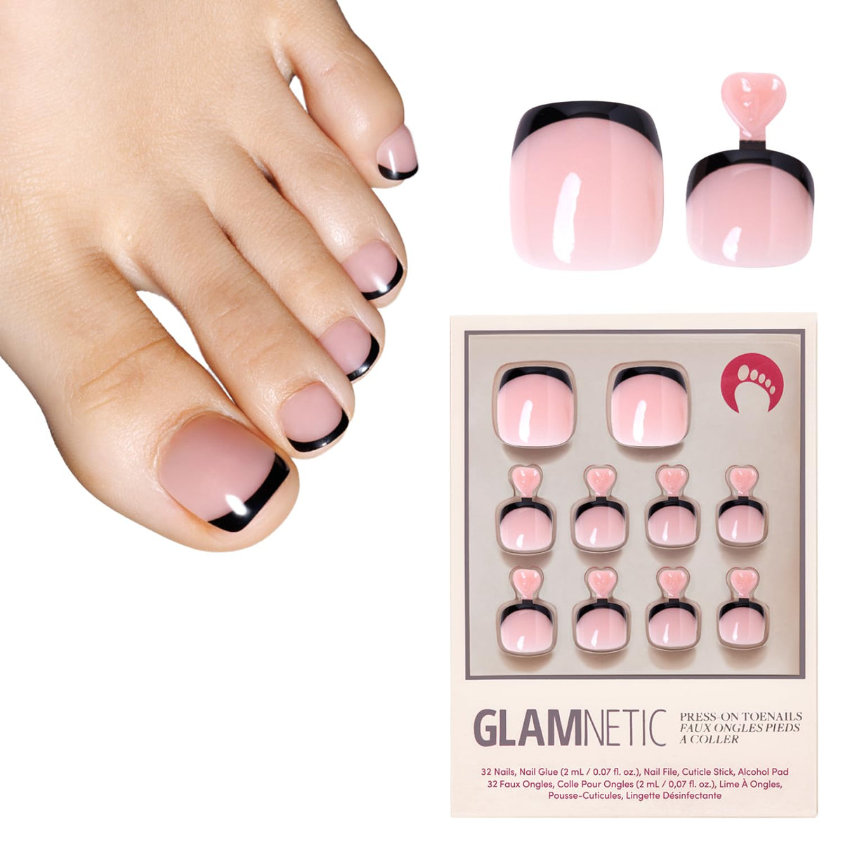 Glamnetic Press On Toenails - Natural Fake Nails | Cherry Red Chrome Press On Toenails, Salon Quality Press On Nails Kit with Glue | Cherry Glaze - 32 Nail Set in 16 Sizes