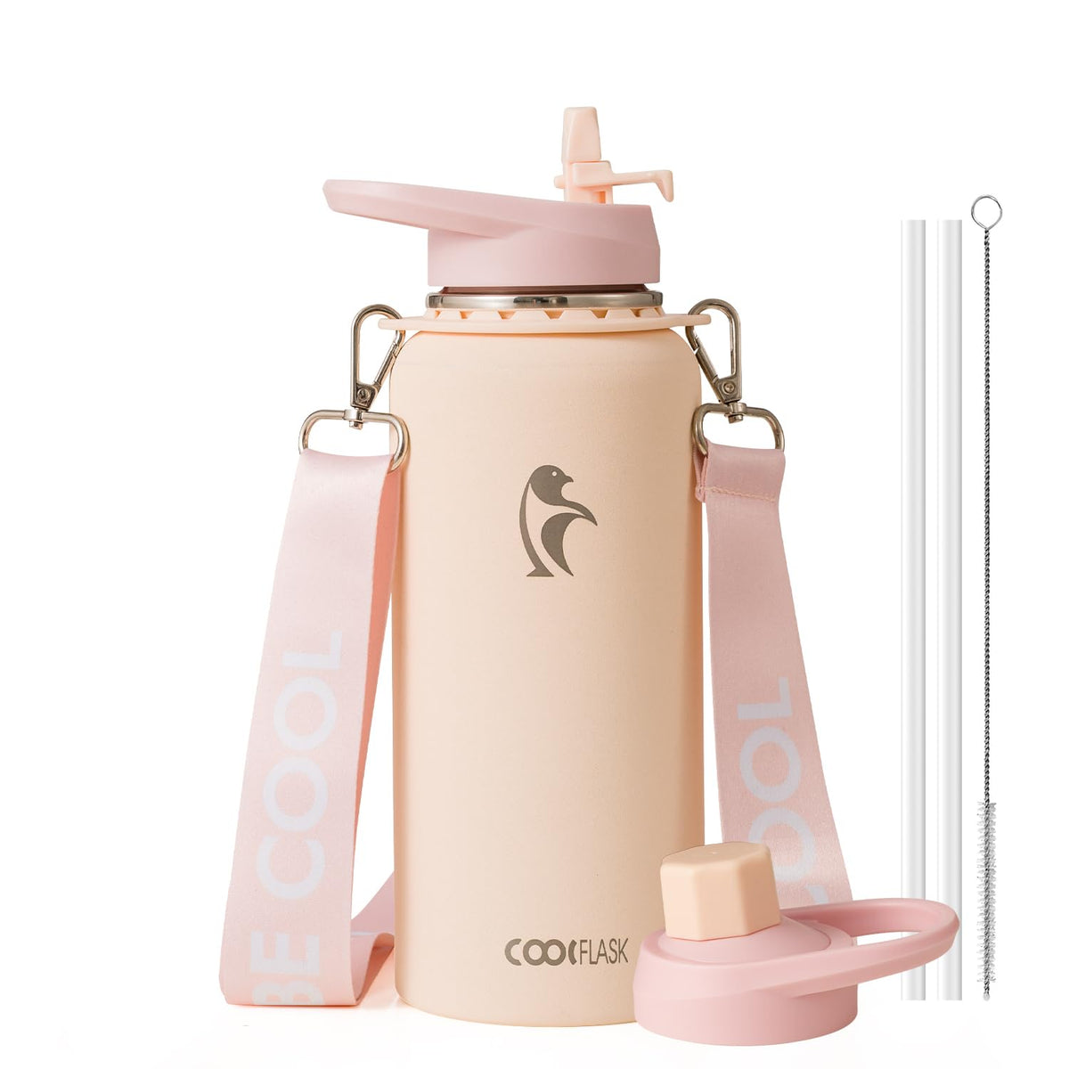 Coolflask Water Bottle with Straw, 40 oz Insulated Metal Water Flask with Straw & Spout Lids, Stainless Steel Double Wall Vacuum, Keep Cold 48h Hot 24h, Leak Proof, BPA-Free, Apricot Pink