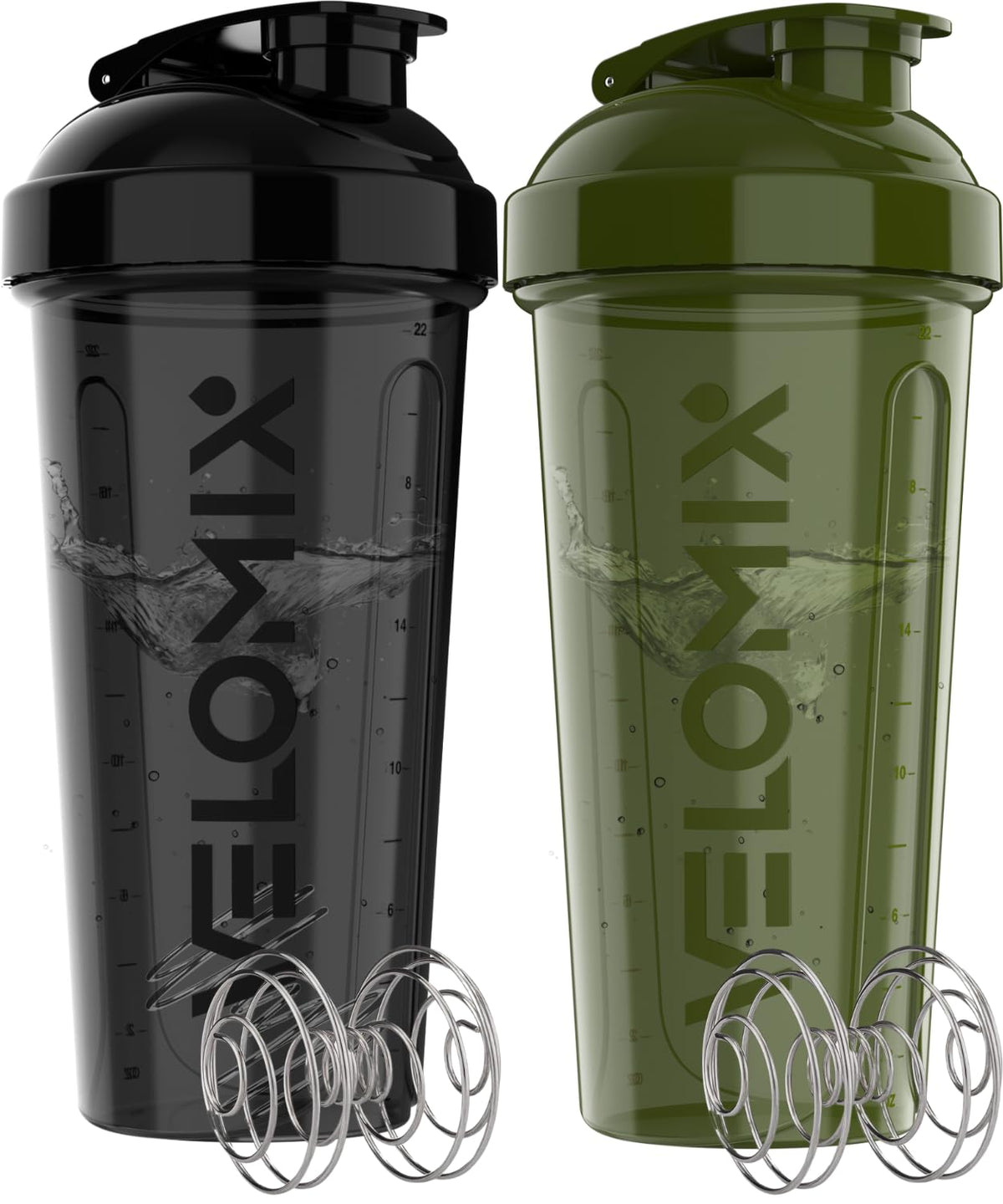 VELOMIX 2 Pack 28oz Protein Shaker Bottle for Protein Mixes, Black/Transpar