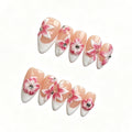 Luxury Handmade Press on Nails - Long Square White French Tips Press on Nail with Almond 3D Rhinestones, Flowers & Butterflies, Acrylic Multi-Layer Gel False Nails for Women (10Pcs Size M)