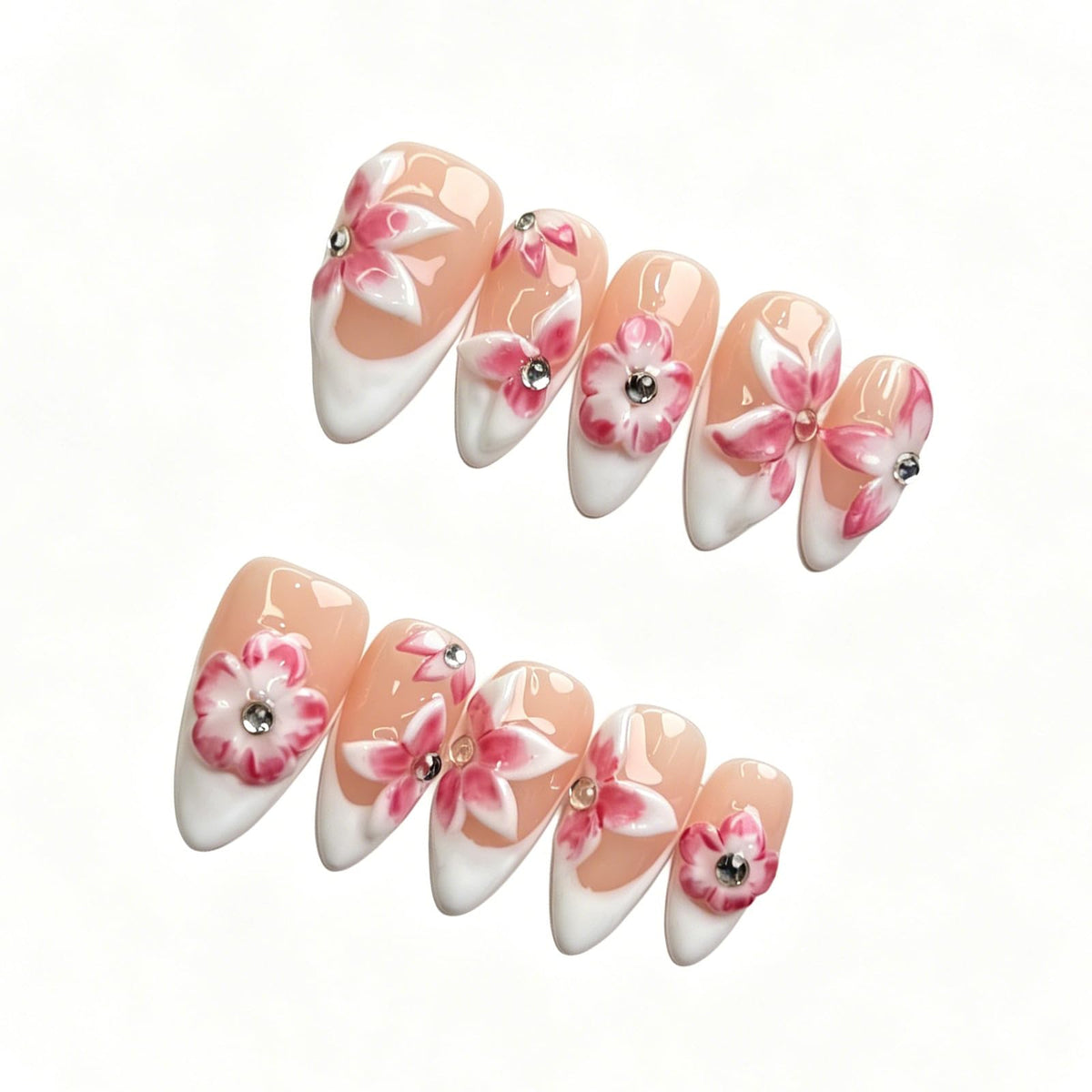 Luxury Handmade Press on Nails - Long Square White French Tips Press on Nail with Almond 3D Rhinestones, Flowers & Butterflies, Acrylic Multi-Layer Gel False Nails for Women (10Pcs Size M)