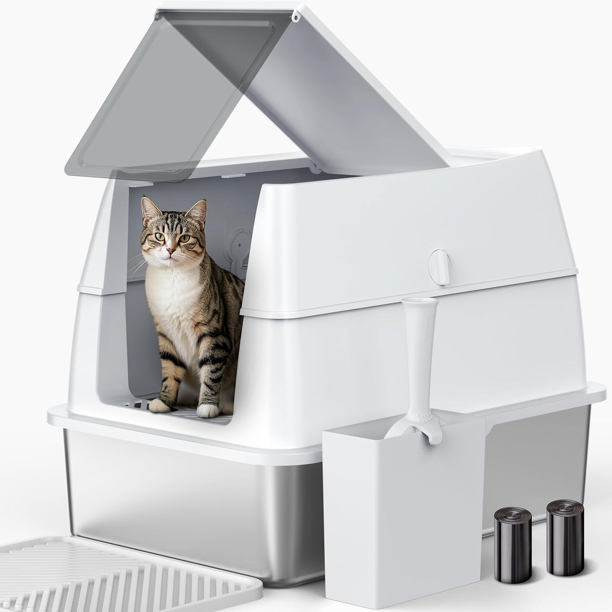 Stainless Steel Litter Box with Lid | Extra Large Enclosed Cat Litter Box for Big Cats | High Sided Metal Litter Boxes | 100% Anti-Urine Leakage | Odor Control | Non-Stick with Litter Scoop Set & Mat
