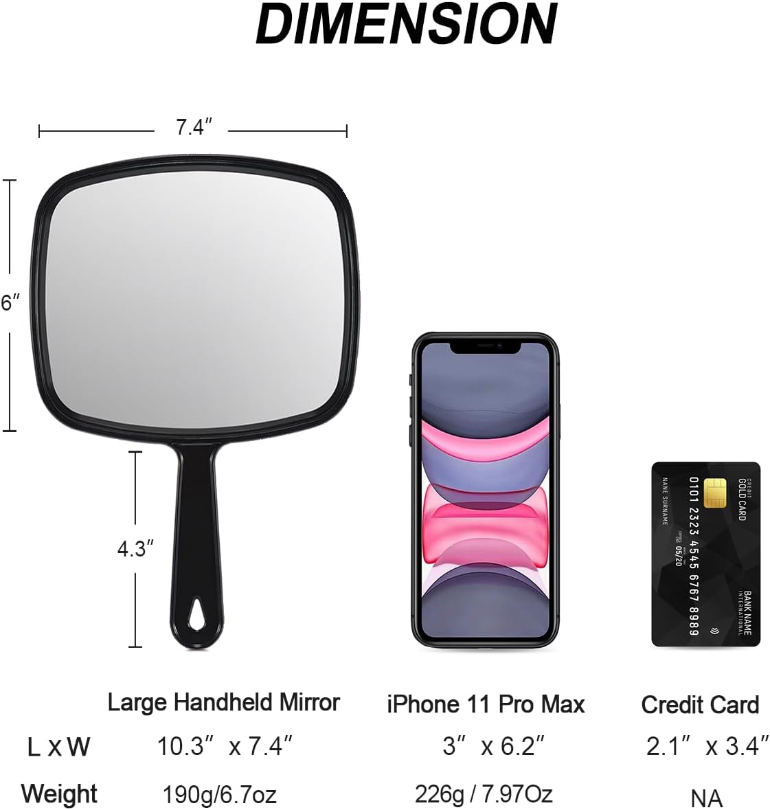 PROTECLE Hand Mirror, 10.3" L x 7.4" W Salon Barber Hairdressing Handheld Mirror with Handle, Square Black | Hand Mirrors with Handle, Barber Accessories, Hair Salon Supplies, Distortion-Free Glass, Makeup Mirror for Women Men