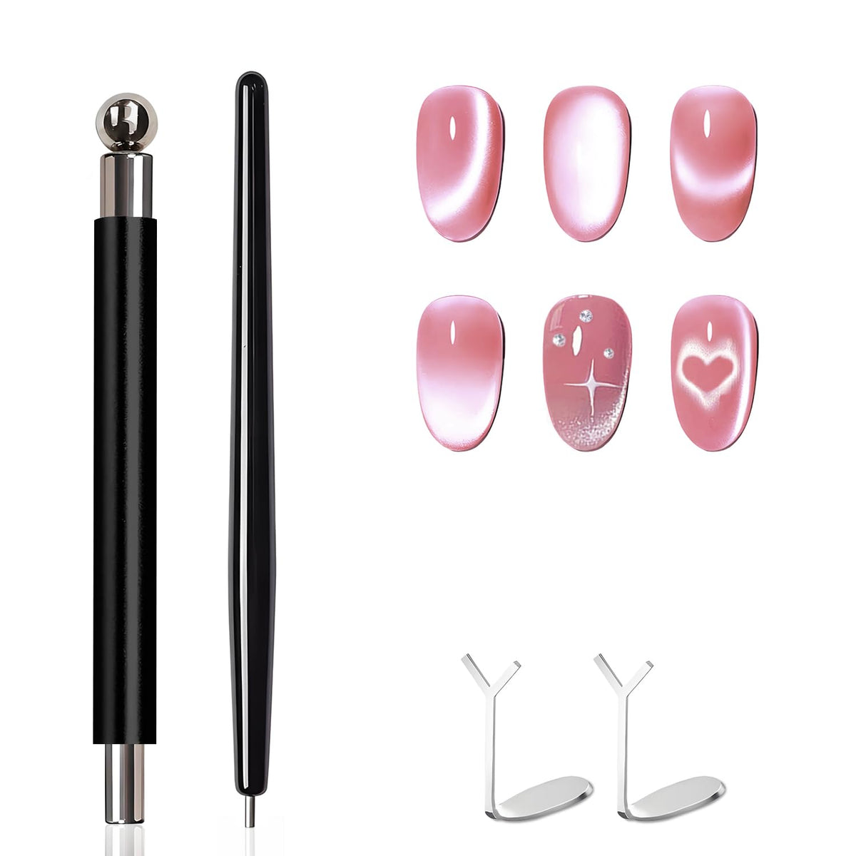 4-Piece Cat Eye Magnet Set – Black Bead-Attracting Nail Magnet Pen & Heart-Shaped Magnet for Nails, Nail Magnets for Nail Art, Cat Eye Magnet for Nail Art, Perfect for Home DIY, Nail Art Design