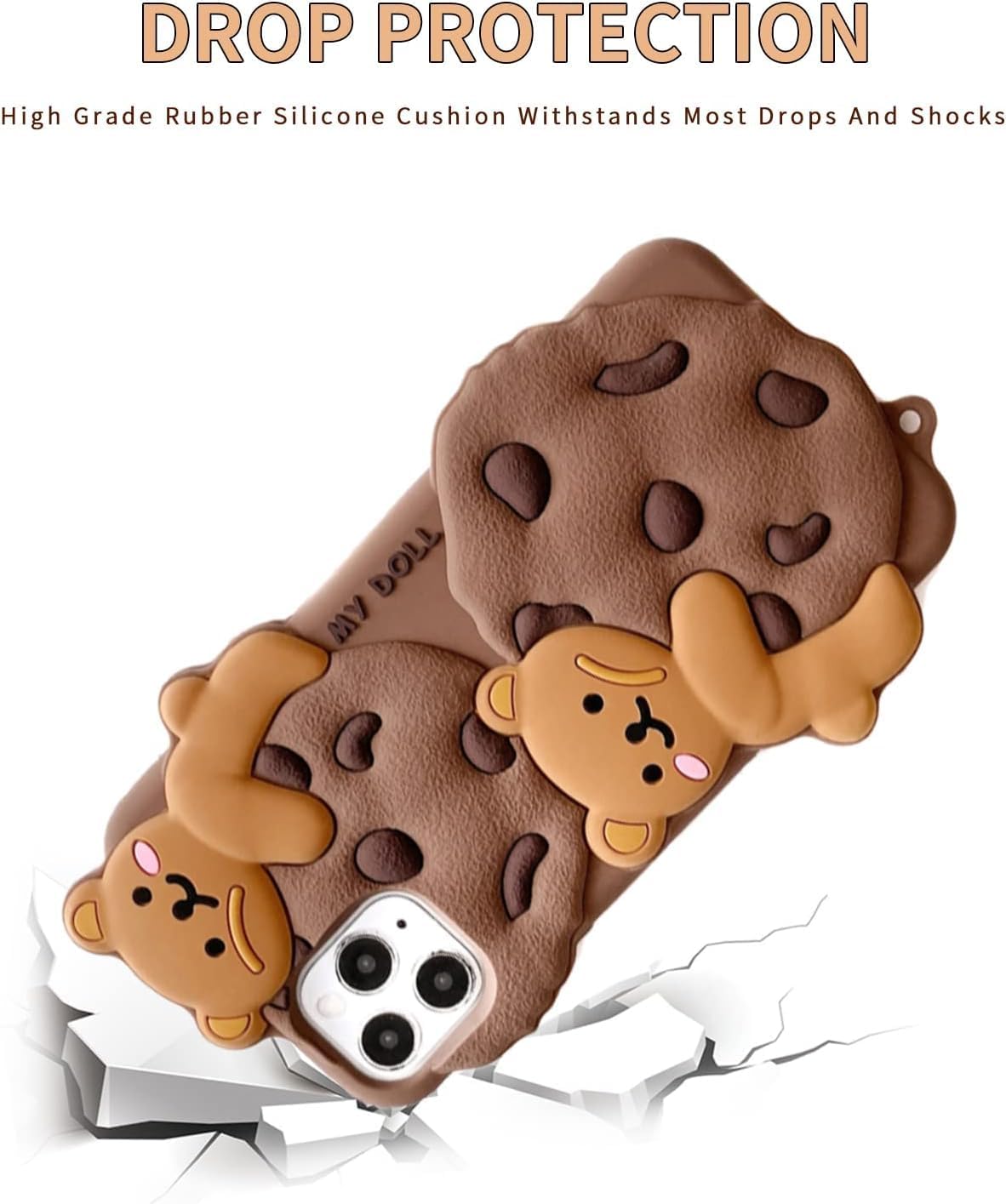 Case for iPhone 11 with Strap Lanyard Keychain Cute Bear Cookie Kawaii Funny Soft Silicone Shockproof Protective Cover for Women Girls