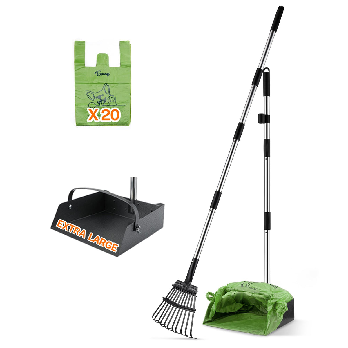 Toozey Extra Large Pooper Scooper for Large Dogs, 43.31" Long Handle | Sturdy Metal Tray & Rake | Cleaner Bag-Supported Pickup | Less Mess in Multi-Dog Yards | Fits Standard 13-Gallon Trash Bags