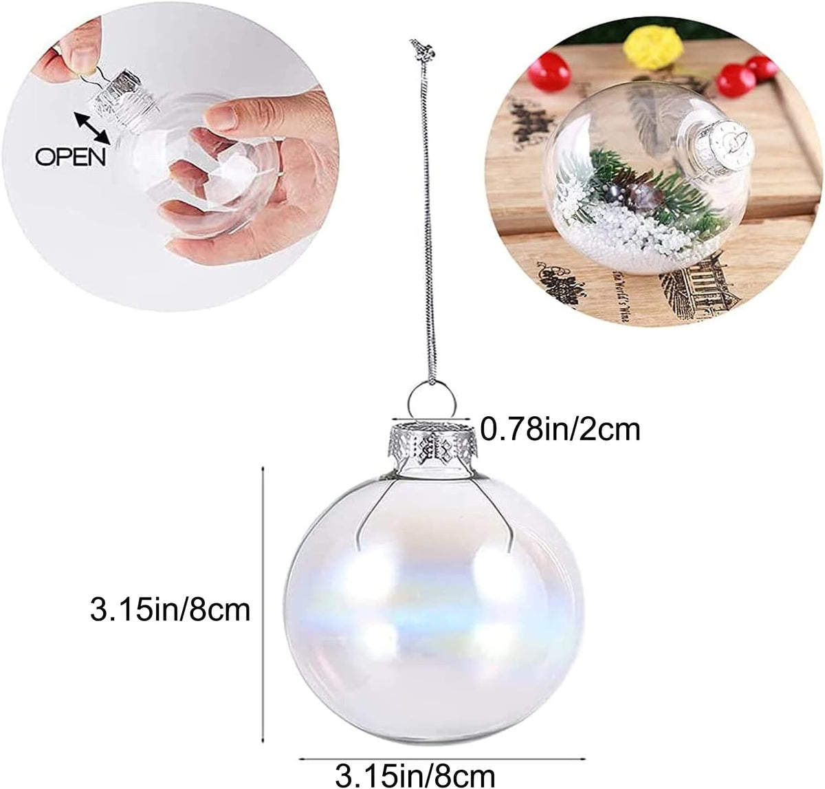 12 Pcs 3.15 Inch Clear Plastic Fillable Ornament Balls, Removable Top Clear Hanging Ornaments Ball, DIY Plastic Ornaments Round Balls, Perfect for Decoration On Christmas Trees, Wedding, Party