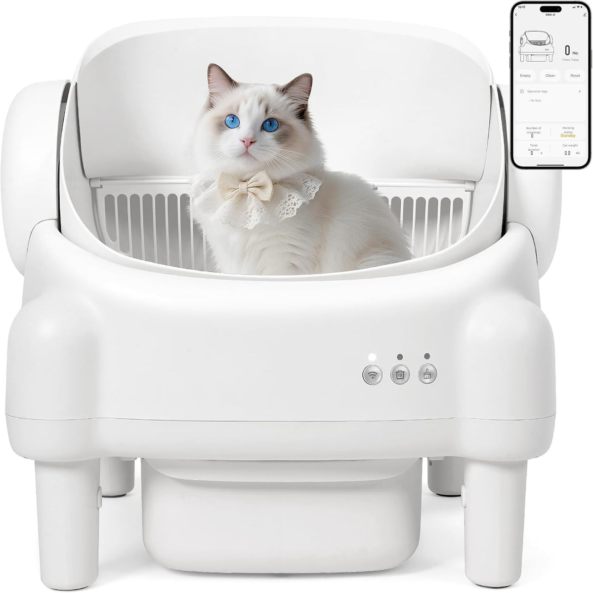 PARUUNTYS Self Cleaning Litter Box,Open Top Automatic Litter Box with App Control for Multiple Cats, Safety Sensors Protection, Odor Control Includes 2 roll Liners,Large Waste Bin, Cream White