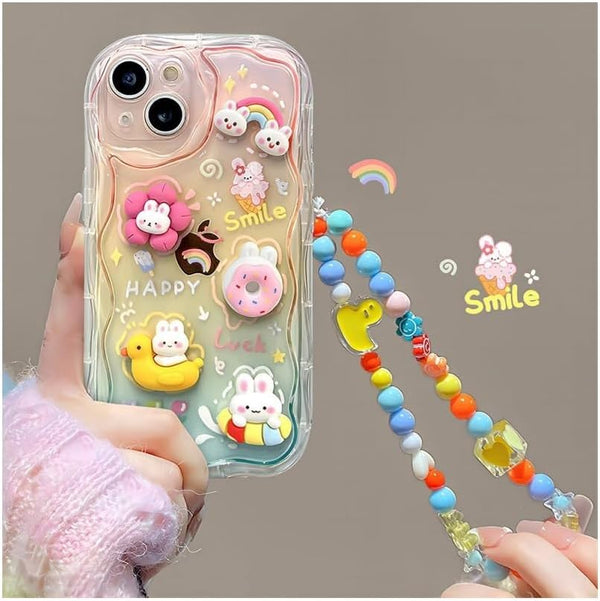 Designed for iPhone Case,Cute Rainbow Rabbit Duck Kawaii Cartoon Animal Wristband Strap Bracelet Chain Soft Shockproof Cover Phone Case (Pink,iPhone 15)