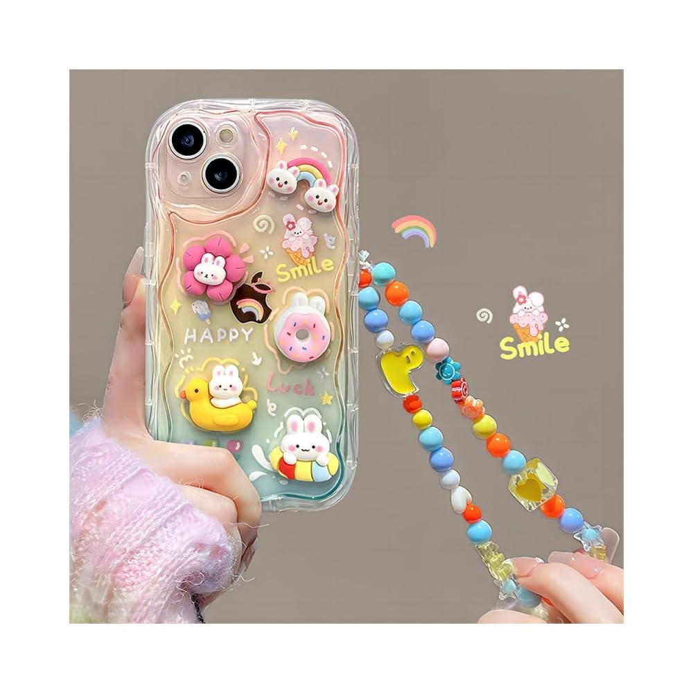 Designed for iPhone Case,Cute Rainbow Rabbit Duck Kawaii Cartoon Animal Wristband Strap Bracelet Chain Soft Shockproof Cover Phone Case (Pink,iPhone 15)