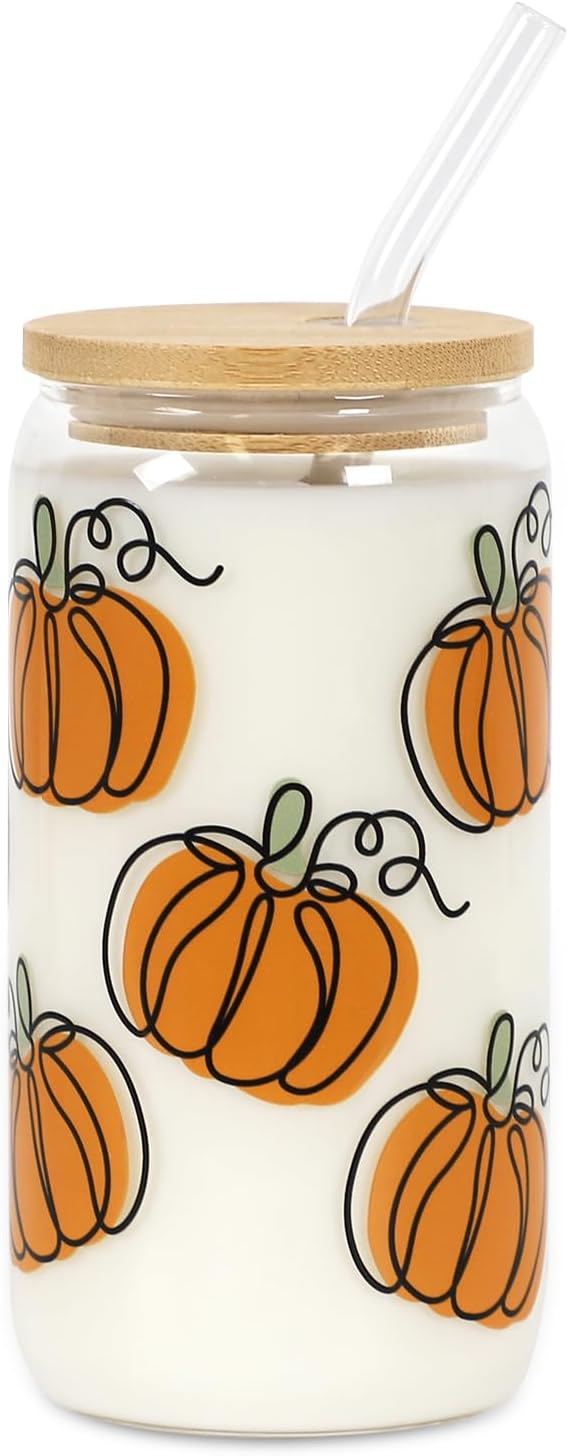 Joyseller 18oz Fall Pumpkin Iced Coffee Glass Cup with Lid & Straw