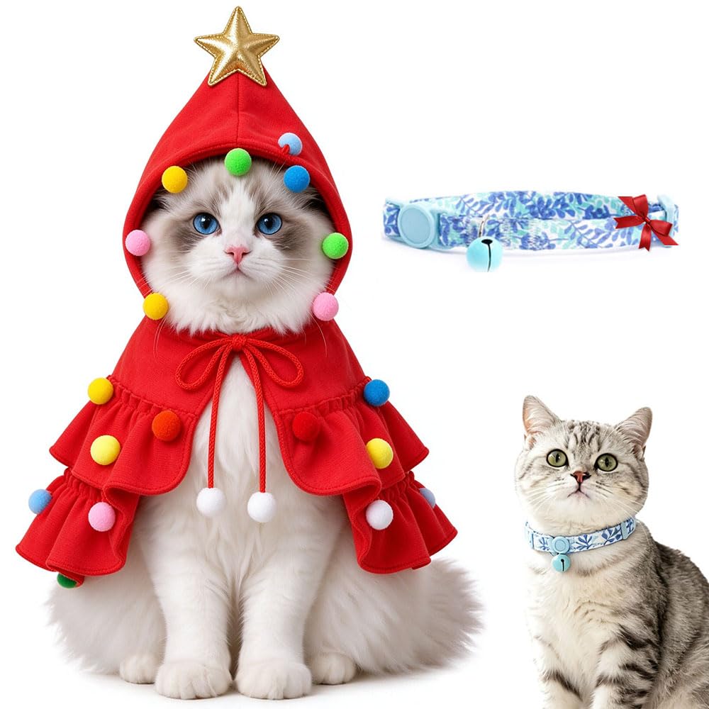 Pet Christmas Tree Hooded Cloak Costume for Cats Small Dogs with a Collar (Christmas Tree with a Collar-Green, S(3-5 lb))