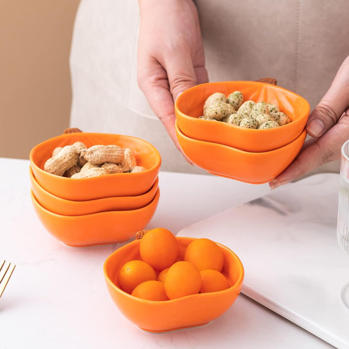 Orange Pumpkin Bowls, 6 oz Ceramic Ramekins, Set of 6
