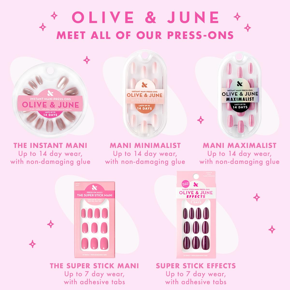 Olive & June Super Stick Press-On Nails, Gelato Pink, Short, Round | No glue needed; 32 non-toxic tab nails in 16 sizes, easy on-off, non-damaging, 7-day wear; salon-quality mani at home