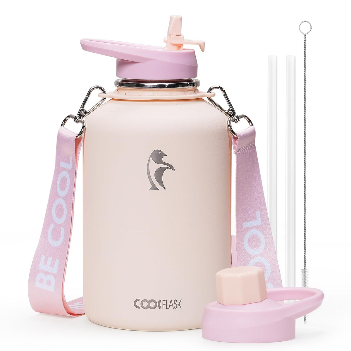 Coolflask Water Bottle with Straw, 40 oz Insulated Metal Water Flask with Straw & Spout Lids, Stainless Steel Double Wall Vacuum, Keep Cold 48h Hot 24h, Leak Proof, BPA-Free, Apricot Pink