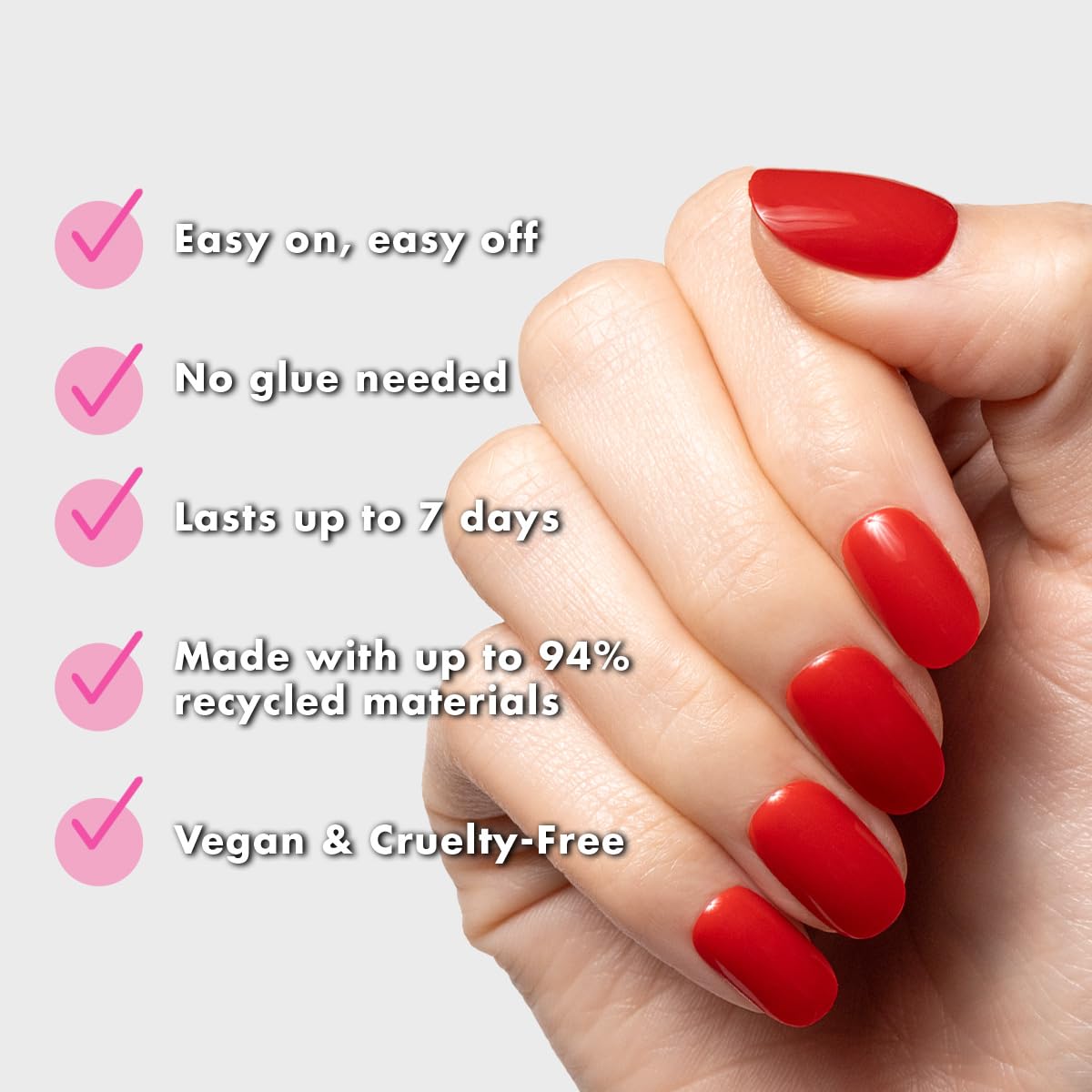 Olive & June Super Stick Press-On Nails, Lollipop Cherry Red, Short, Round | No glue needed; 32 non-toxic tab nails in 16 sizes, easy on-off, non-damaging, 7-day wear; salon-quality mani at home